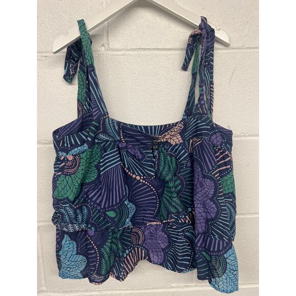 Warm  3/Large Purple Green Floral Tie Strap Square Neck Crop Woodstock Tank Top - Picture 7 of 8